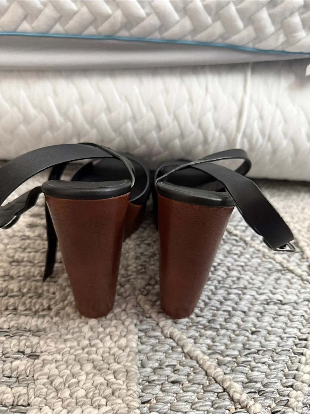Aldo Black Leather Platform Sandals with Brown Wood-Look Heel